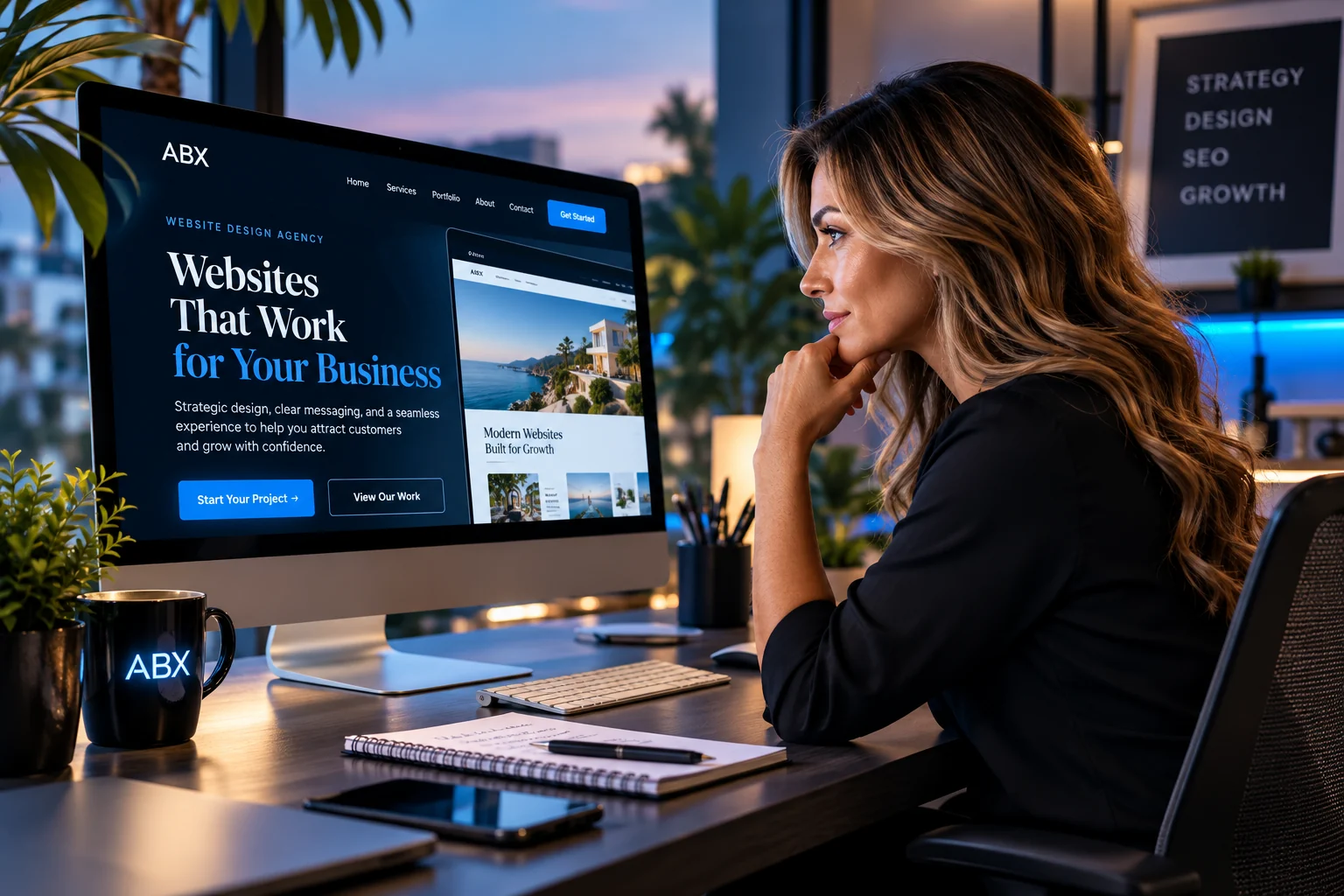 Professional workspace featuring a designed ABX website on a desktop computer