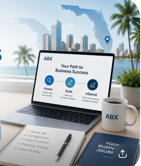 ABX Apps business planning workspace with Florida map, laptop, notebook, and business growth tools
