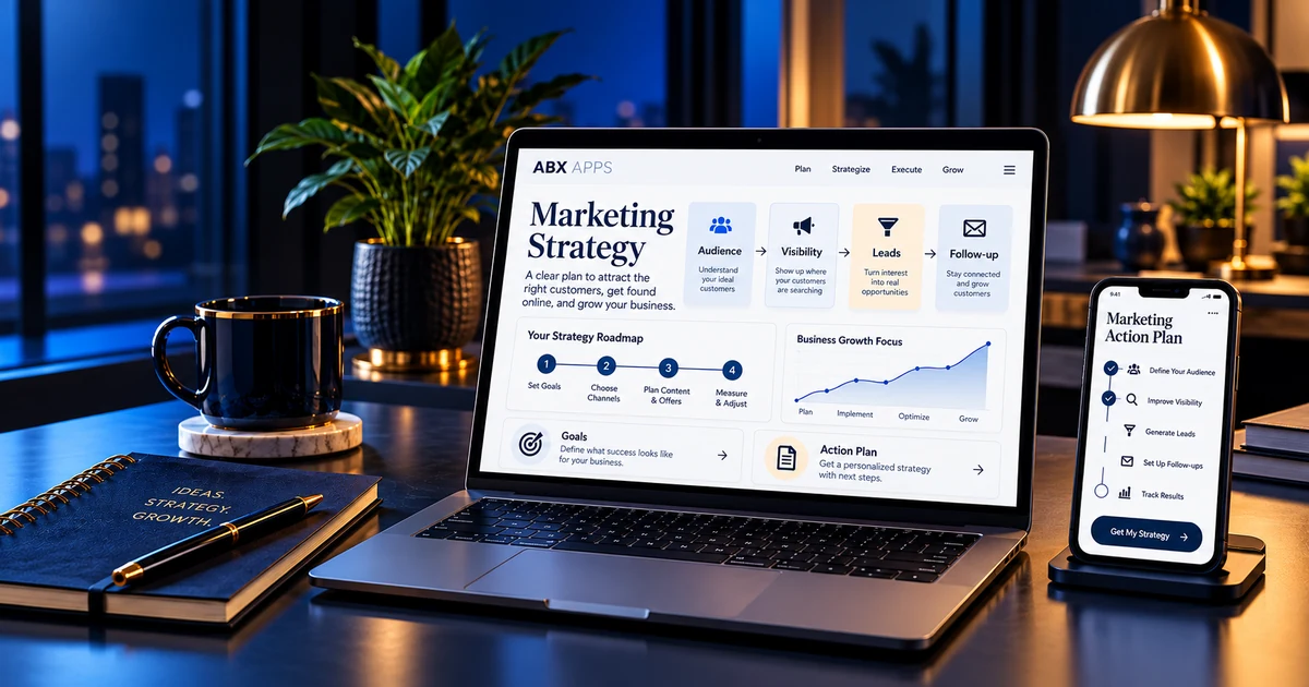 Marketing strategy roadmap displayed on a laptop and phone in a navy-and-gold workspace.