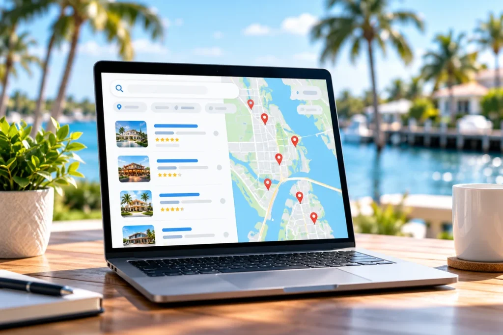 Laptop displaying local search results and map listings for a Florida business